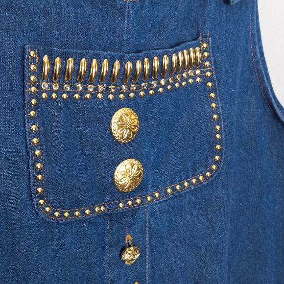 ICE LOOK Denim Jumper Dress Gold Buttons Stud Trim Western Style USA Vintage XL - Picture 6 of 12